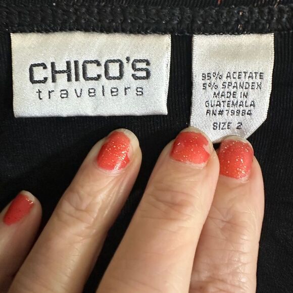 Chico's Travelers Black Abstract Floral V-Neck Short Sleeve Shirt 2‎ Medium - Picture 7 of 7